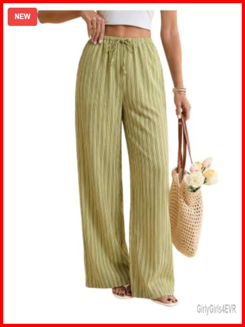 Women's Striped Wide Leg Palazzo Pants Drawstring Elastic Trousers